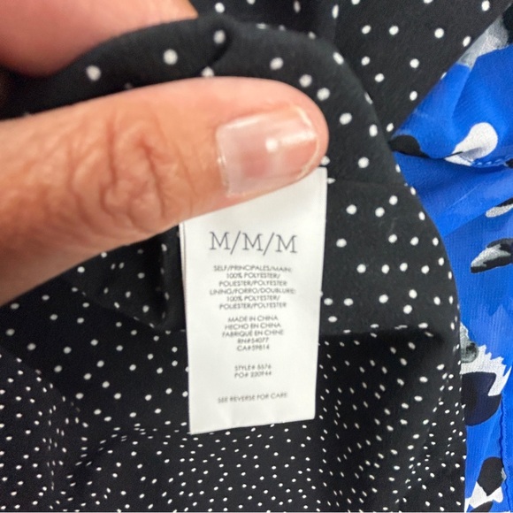 Cabi Blue Abatract Untamed Print w Polka Dot Lining Dress, Sharkbite Hem Sz Med - Picture 12 of 16
